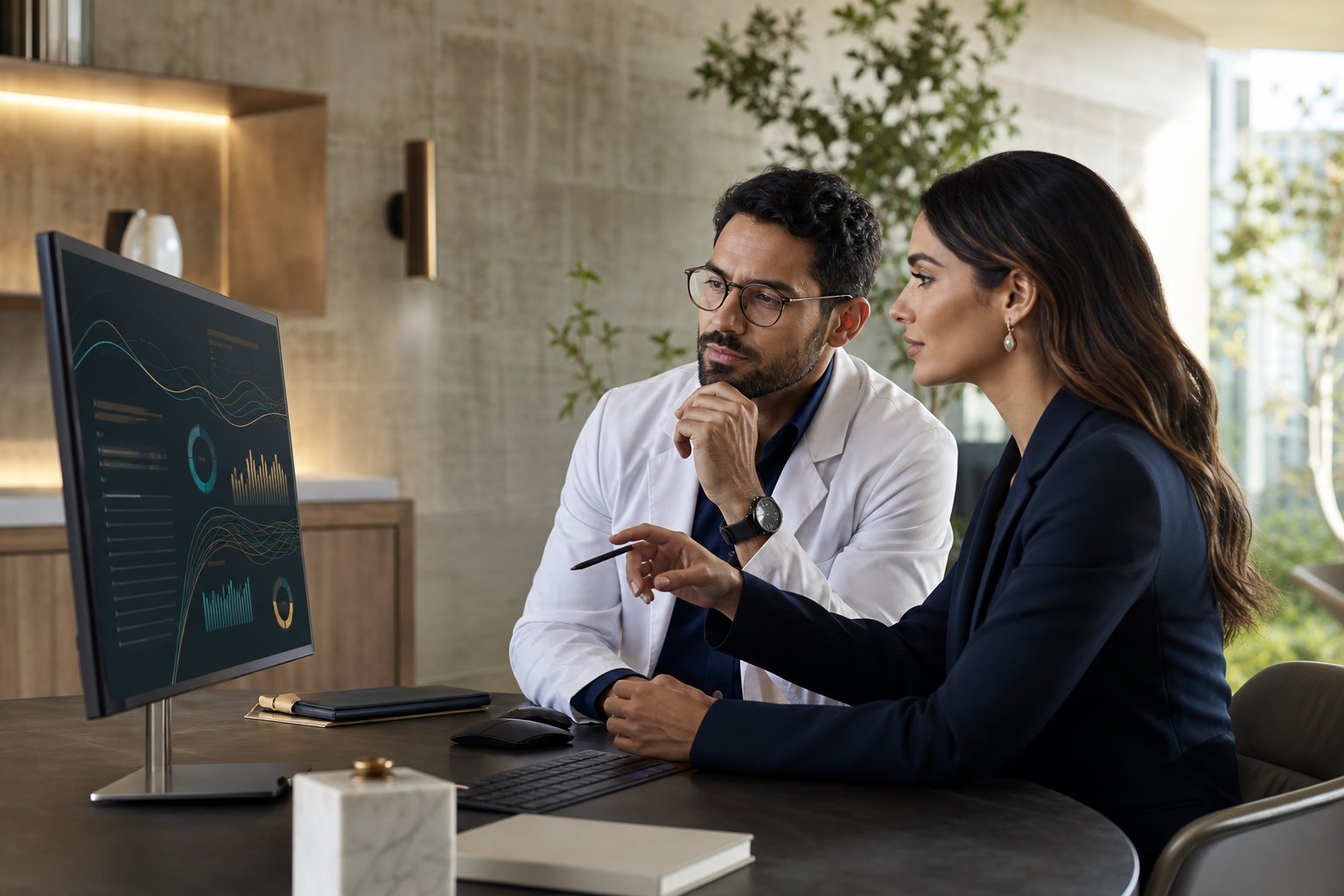 Estratégia de marketing médico digital: médico e especialista analisando indicadores de performance em consultório moderno